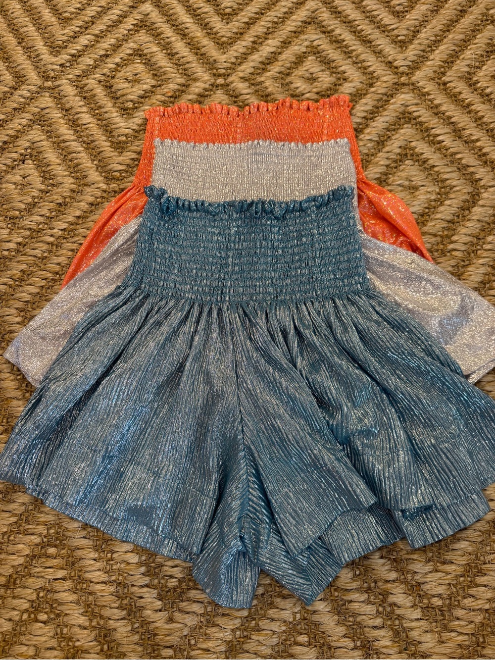 Queen of Hearts Metallic Smocked Swing Shorts Blue, Silver, & Orange- Size Small